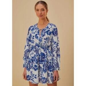 FARM Rio Off-White Flowerful Birds Long Sleeve Mini Dress